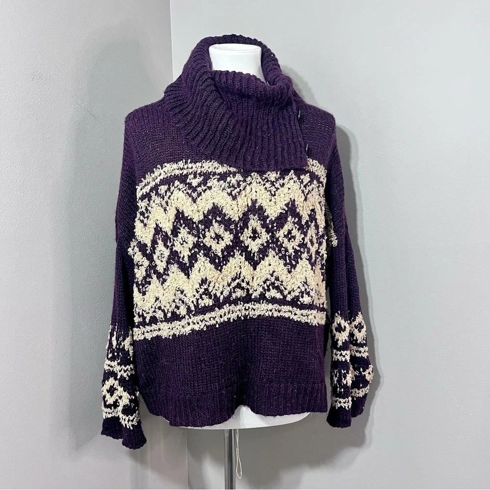 Free People Fair Isle Chunky Knit Sweater XS Purple Cowl Neck Boho Cozy